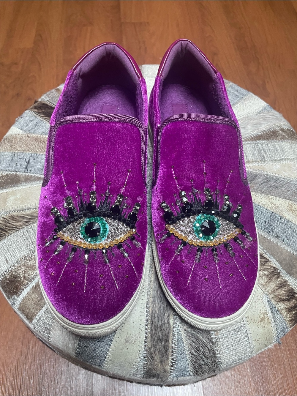 Kurt Geiger Purple Velvet Embellished Slip-On Mules,size 9